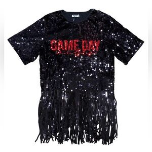 NWT Game Day Black and Red Sequins T-Shirt Fringe Top by WHY Dress